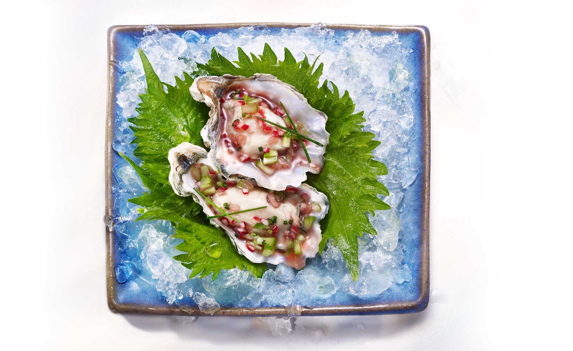Glasshouse Assignment - David Bishop - Food Photography - Oysters with Mignonette Sauce on Shiso Leaf